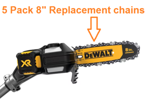 5 Pack Dewalt DCPS620 8" Pole Saw Replacement Chains 3/8LP .043 34DL DW01DT608